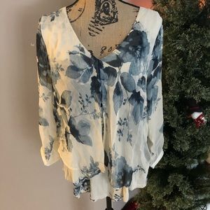 Lucky Brand Ivory and Blue Long Sleeve blouse